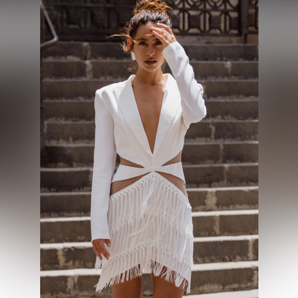 12th Tribe Rosetta White Lace Fringe Blazer Dress